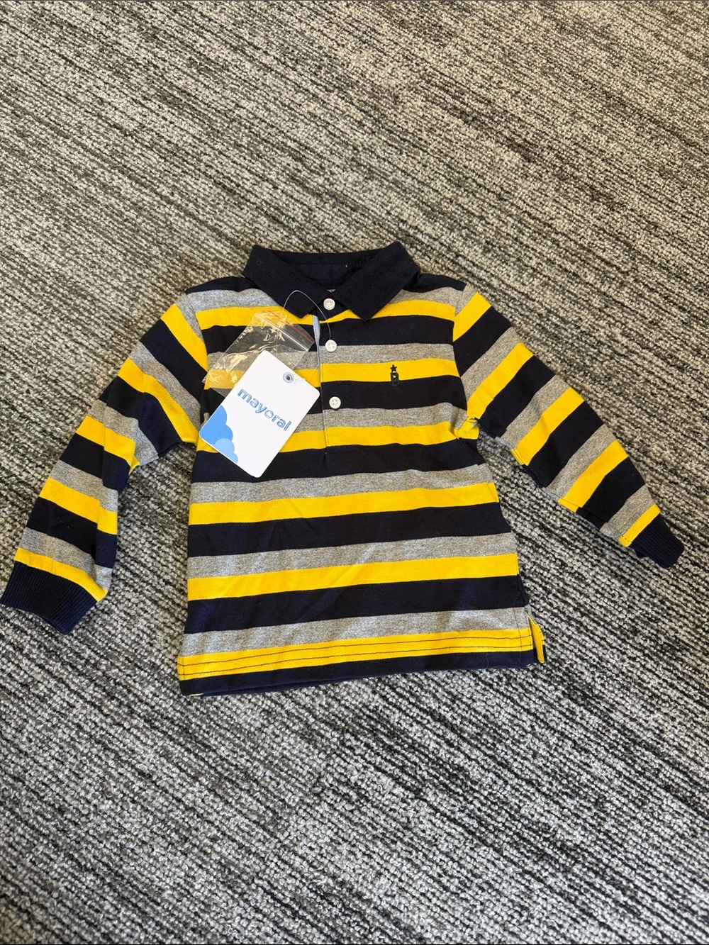 NWT Mayoral Boys' Yellow, Navy & Gray Striped Long-Sleeve Polo - 9 Months